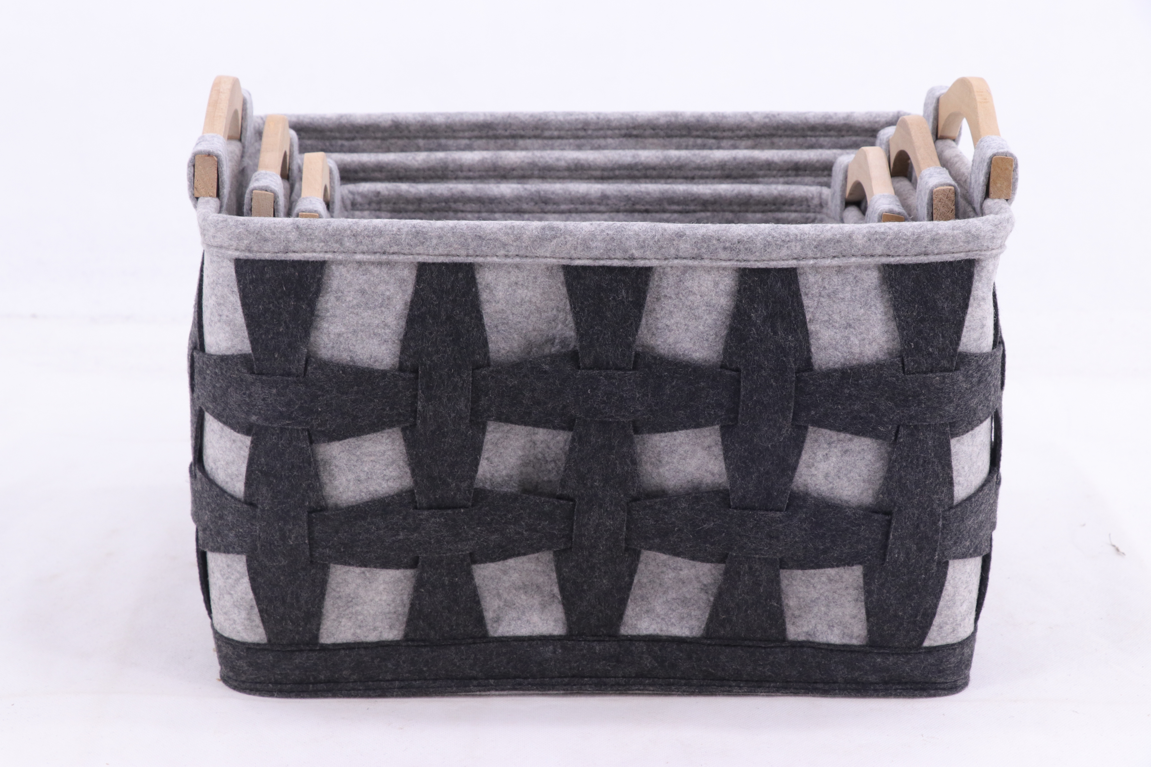 Set of 3 rectangular felt storage basket with wood handle, toy storage organizer, laundry hamper basket