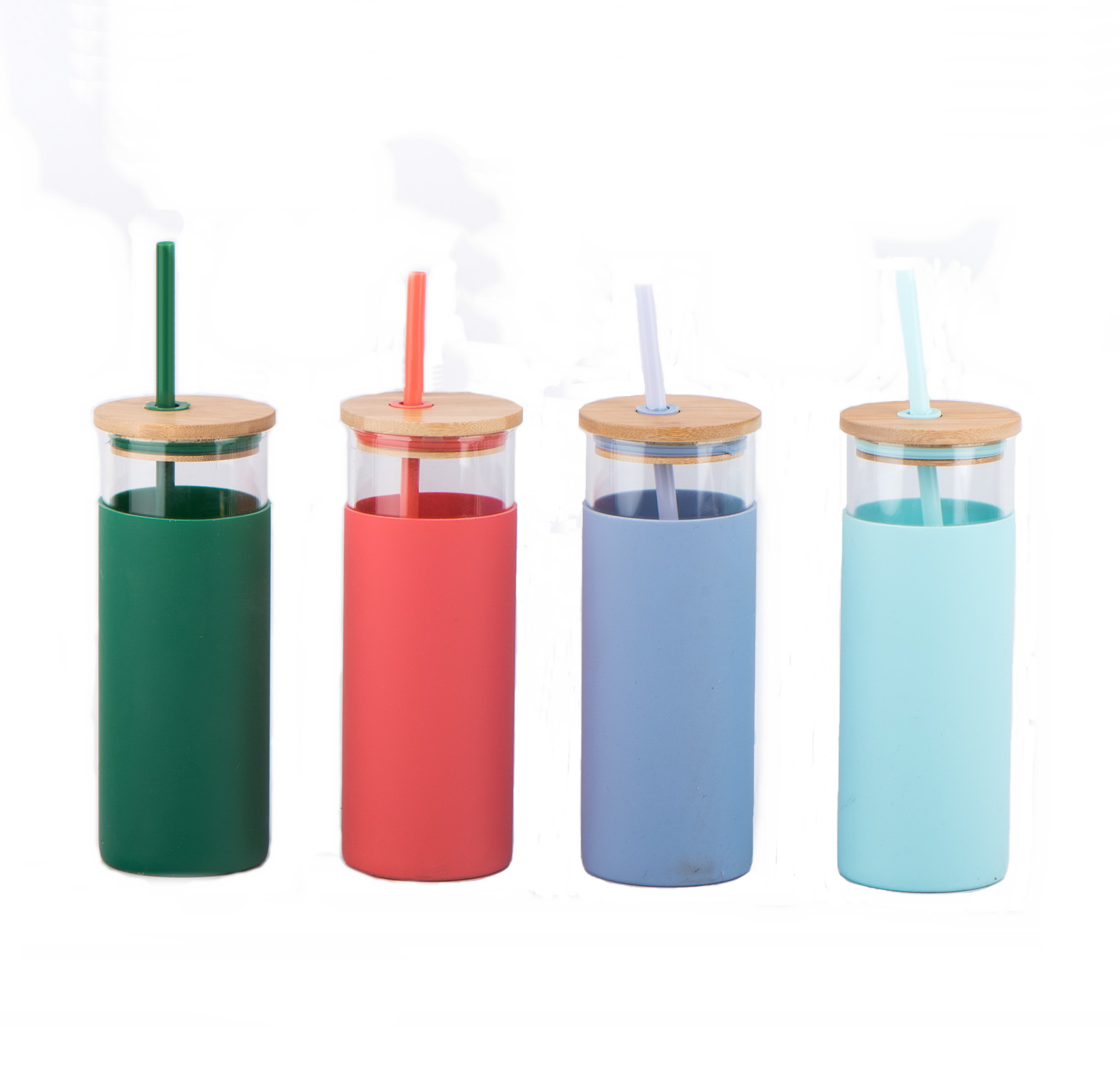 borosilicate drinking glass bottle with wooden lid silicon heat proof coating and straw GPG175
