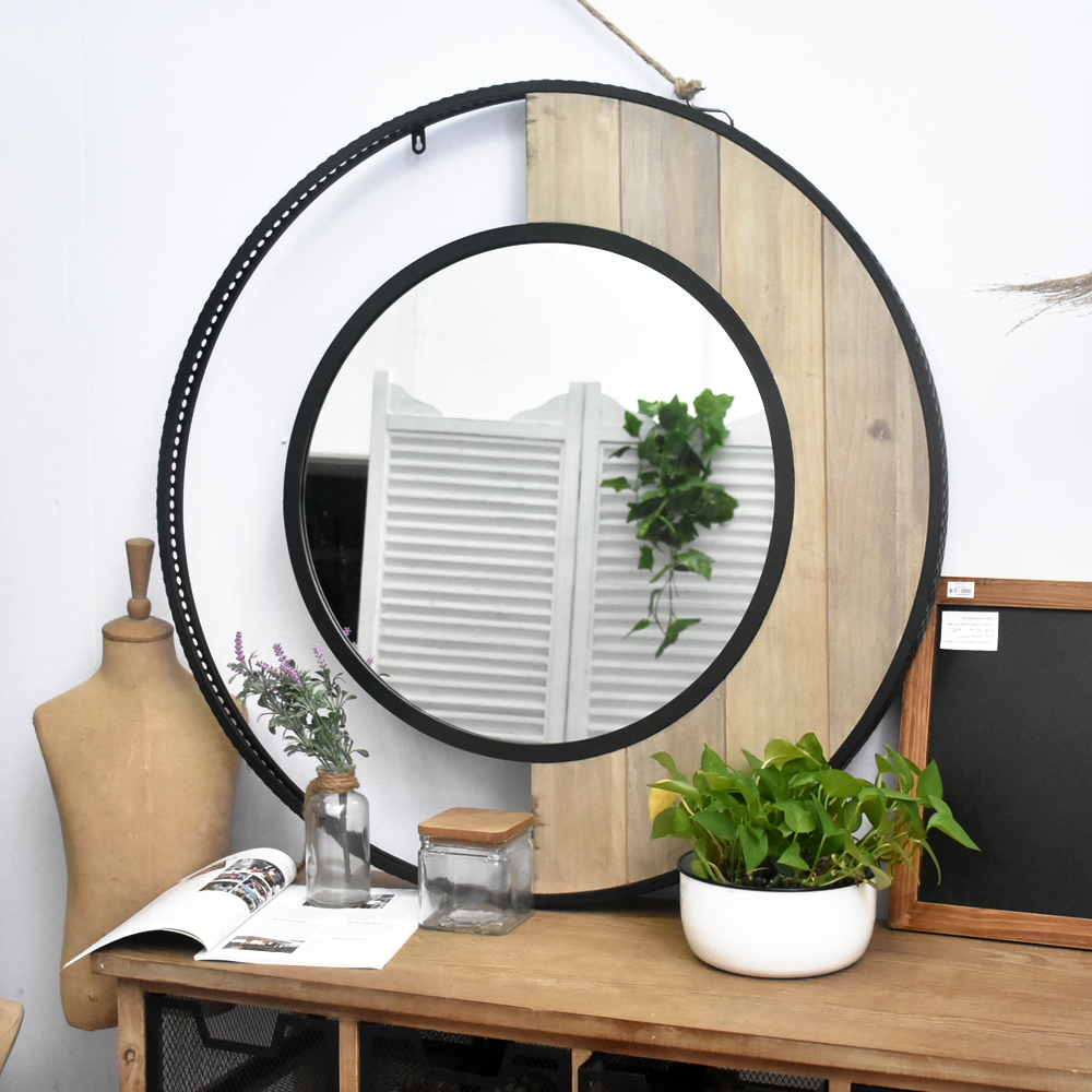 Luckywind Farmhouse Wood And Metal Frame Living Room Round Decorative Wall Mirror Mirrors Decor Wall