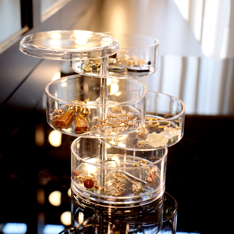 BEAUFLY Clear Plastic Round Crystal Multi Drawers Rotating Cosmetics Jewelry Storage Box