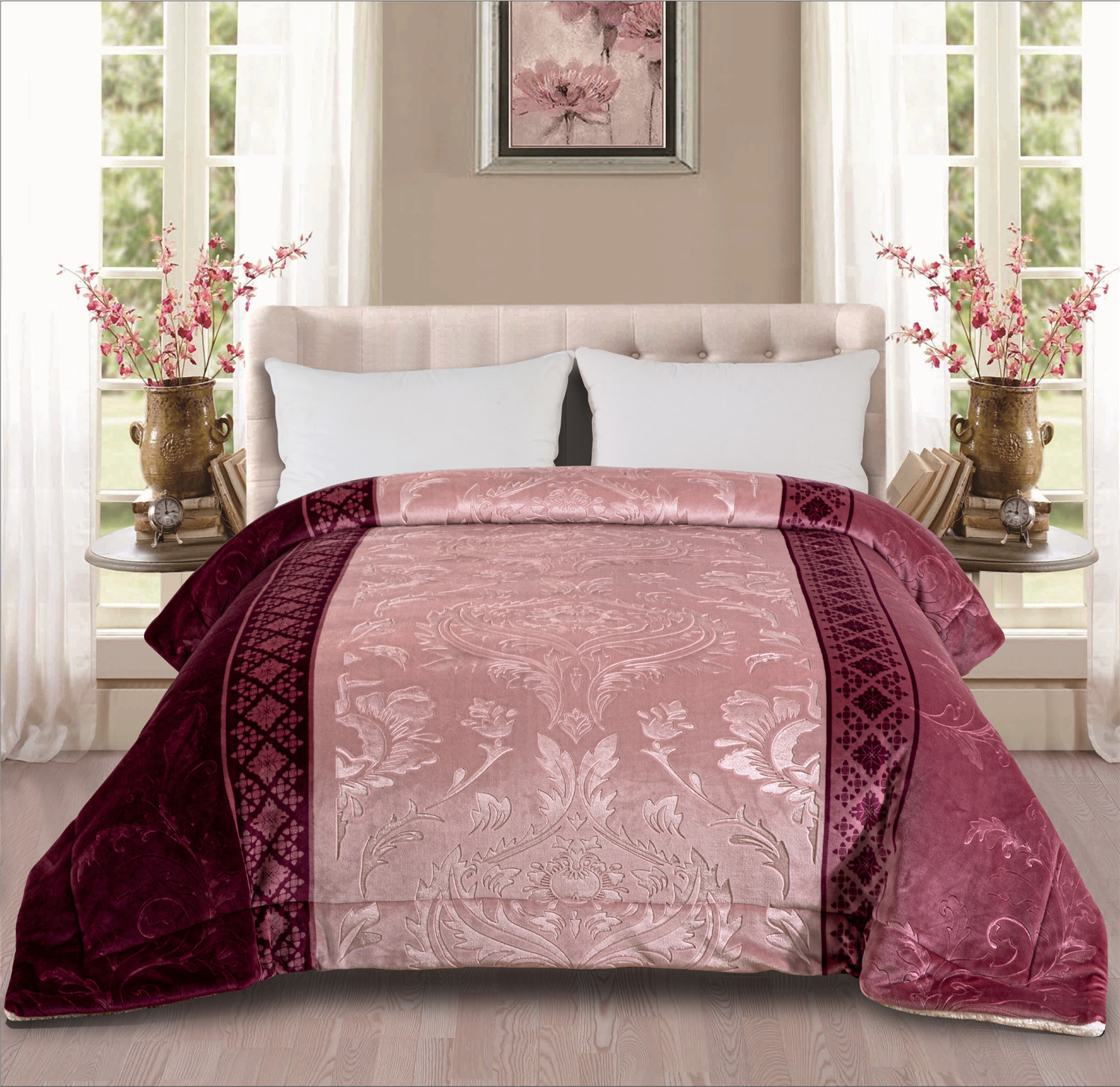 Printed with embossed flannel with sherpa quilting comforter Grey