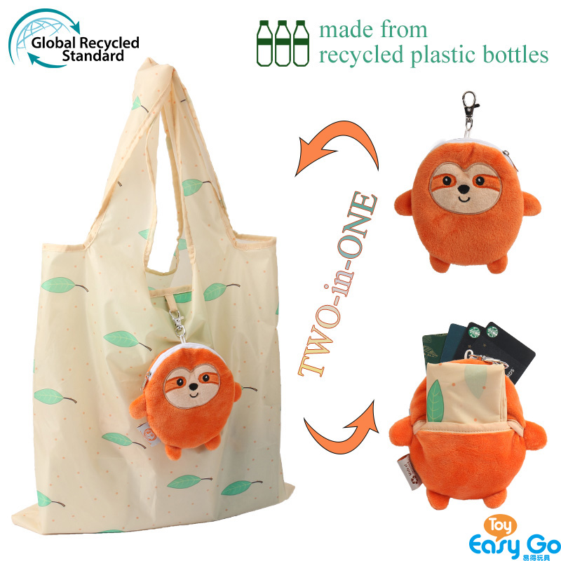 2021 new design 2-in-1 ECO friendly rpet shopping bag cartoon sloth foldable waterproof reusable