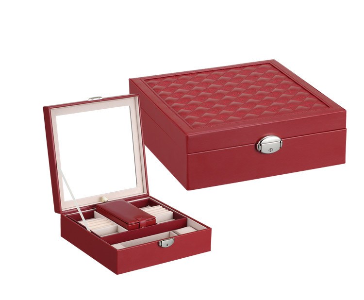 BEAUFLY Locking Portable Red Round Crocodile Grained Leather Jewelry Carrying Case Organizer Box Mirror