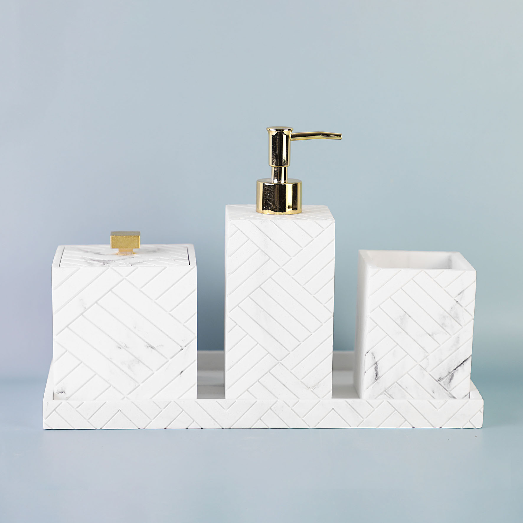 White square resin soap dispenser with marble design and embossment