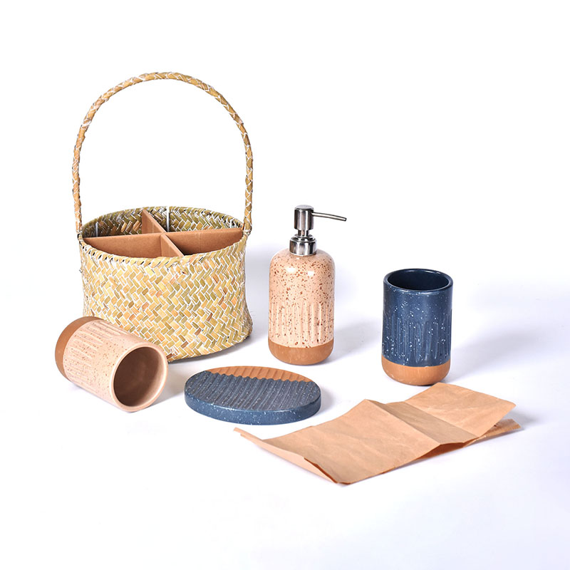 2022 Designer Ceramic Bath Accessories Bathroom Accessory Set with bamboo basket