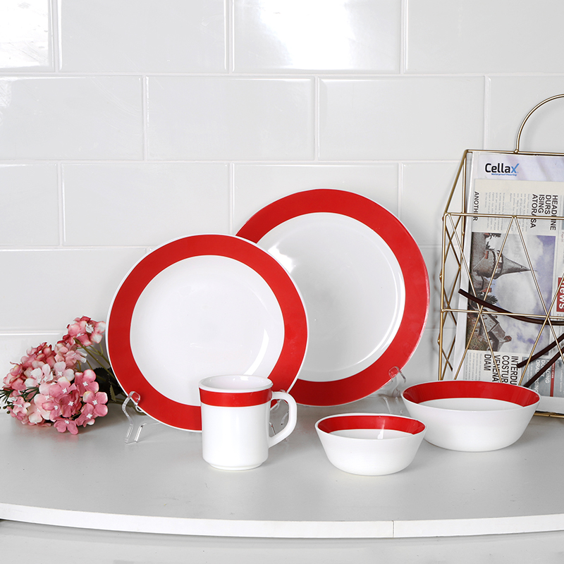 Hot selling white opal glass dinner set 14pcs with red decal