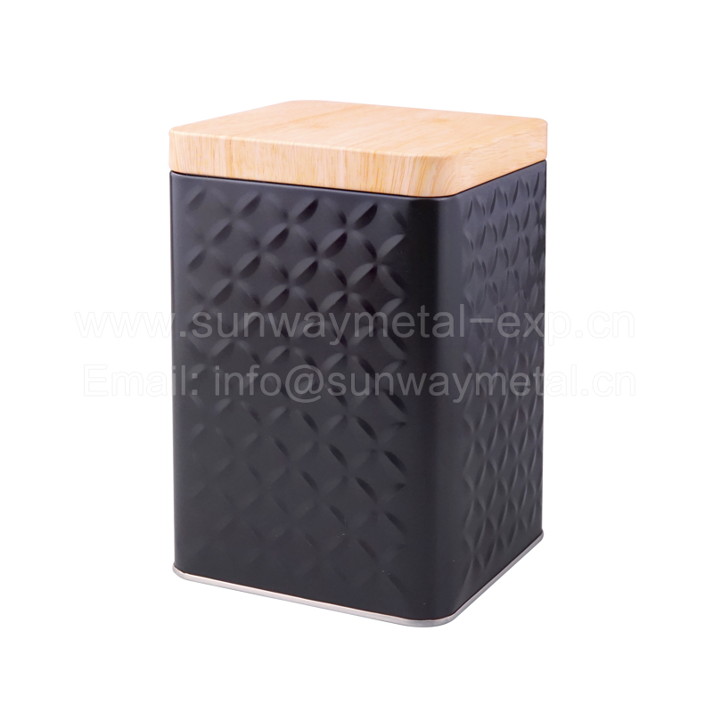 Square tin box with wood grain lid large size