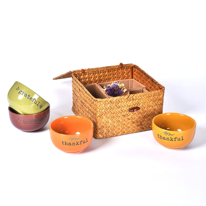 Set of 4 Ceramic Noodle Soup Rice Bowl with bamboo weaving box