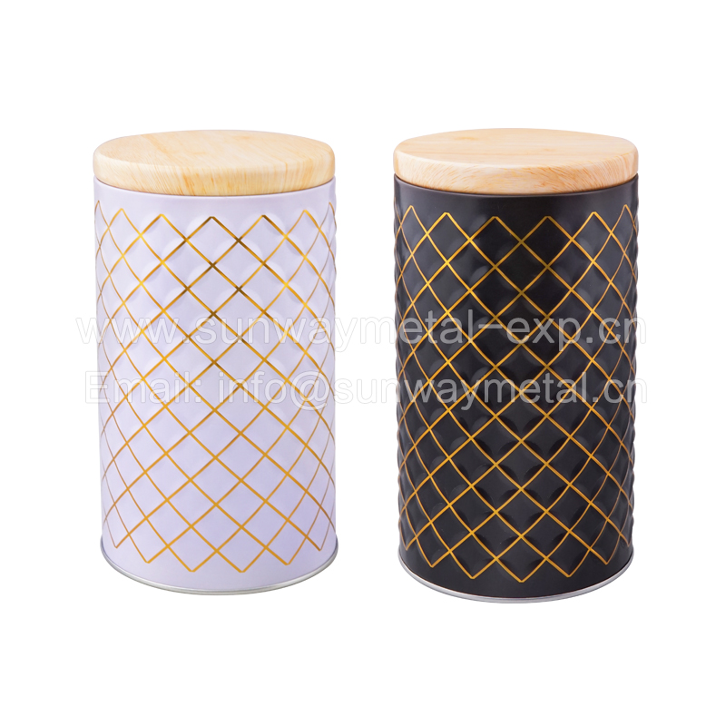 Round tin box with wood grain lid