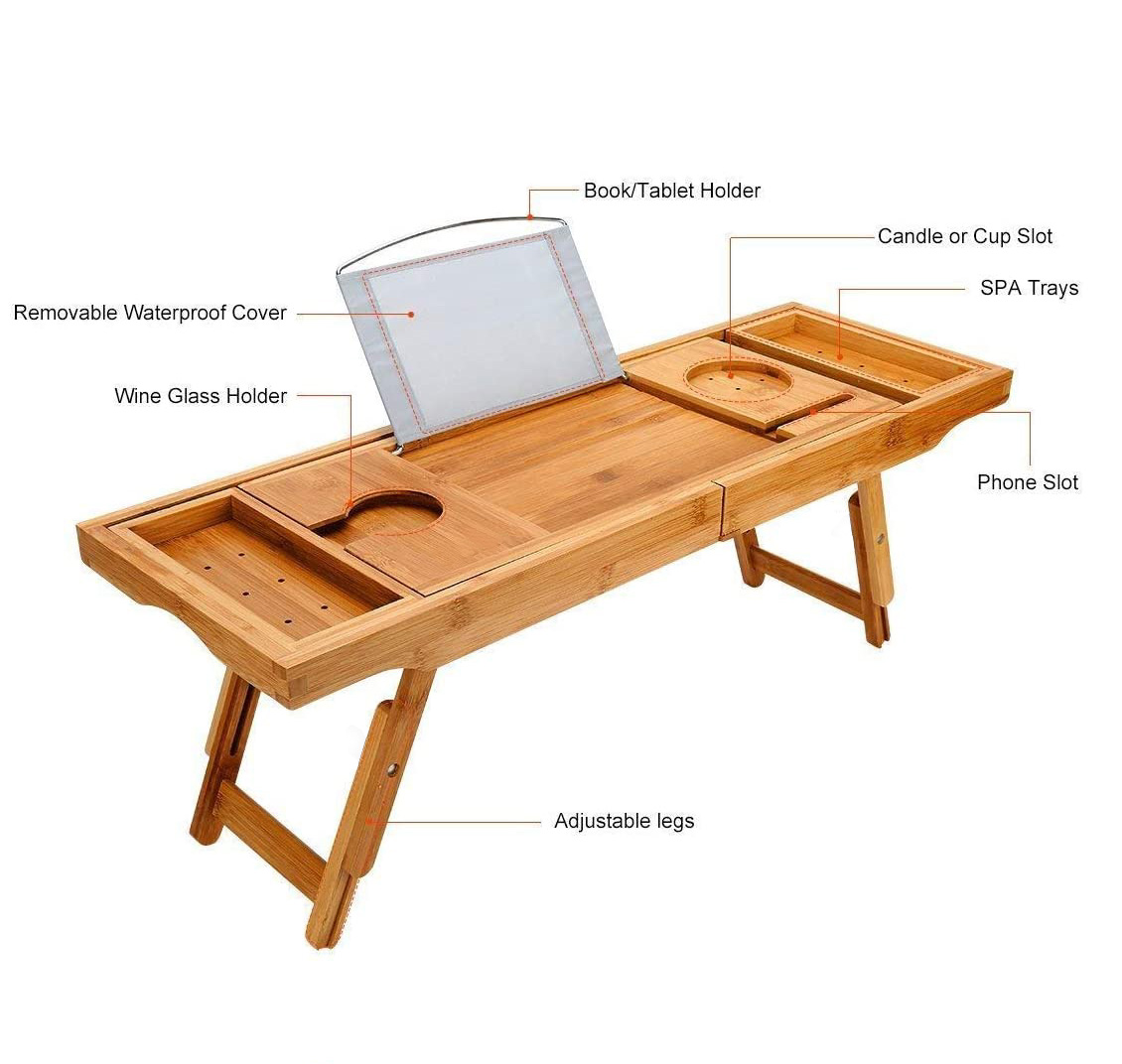 Luxury Folding Bamboo Bathtub Caddy Tray Laptop Bed Desk - 2 in 1