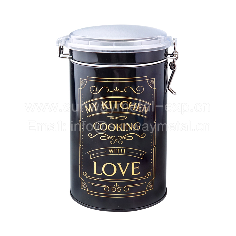Black airtight food tin can with transparent lid