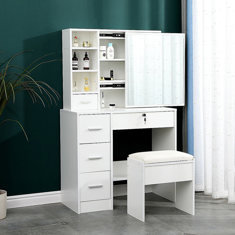 Dressing Table Stool Mirror Jewellery Cabinet Makeup Storage Drawer White