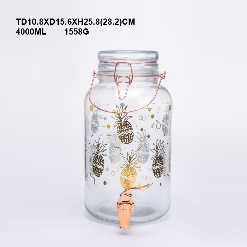 4L pineapple printing Glass beverage jar ICE COLD Glass juice bottle Glass storage jar Glass jar big size glass bottle, glassware, glass canister