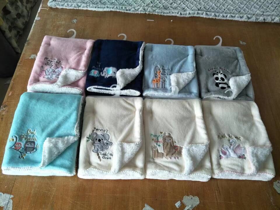 stock coral flannel sherpa mink baby blanket with embroidery