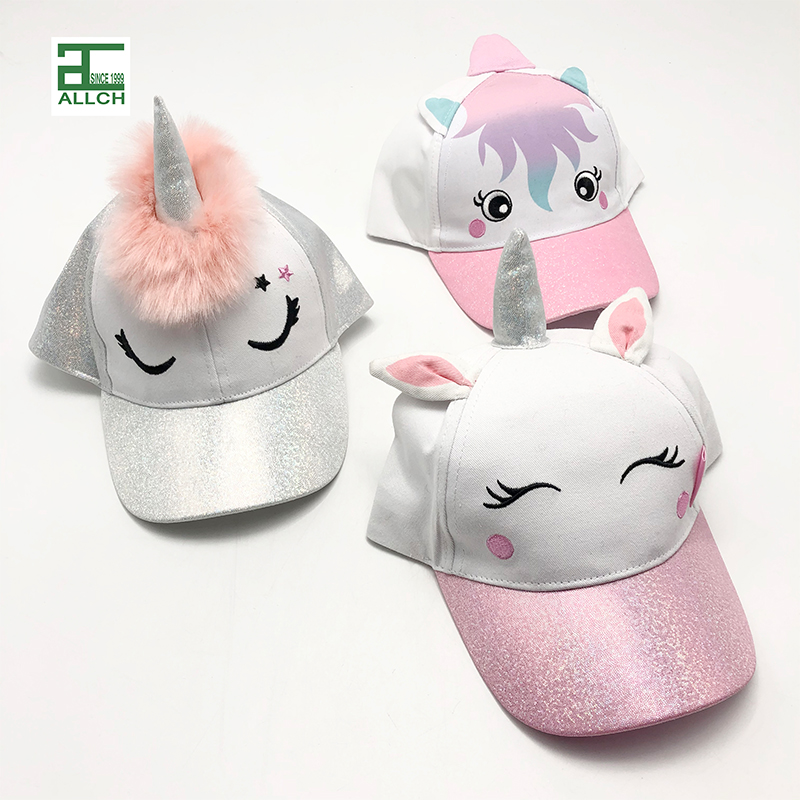 AL000411 ALLCH Summer Kids Baseball Caps Custom Girls Glitter Unicorn Baseball Cap With Ears