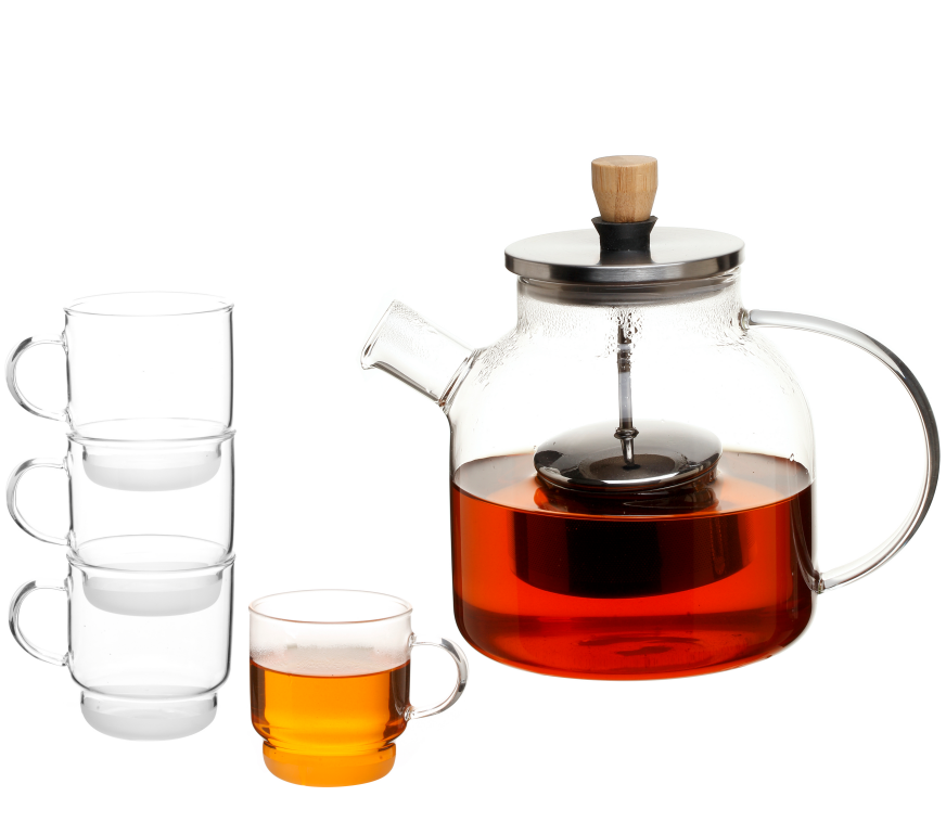 1.2L/1.5L Borosilicate Glass teapot with centered ss filter and foldable lifting up handle