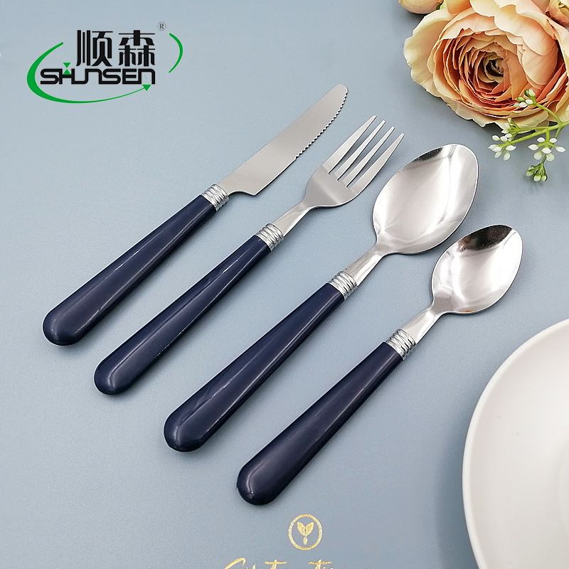 Dark blue plastic handle stainless steel knife fork spoon tea spoon