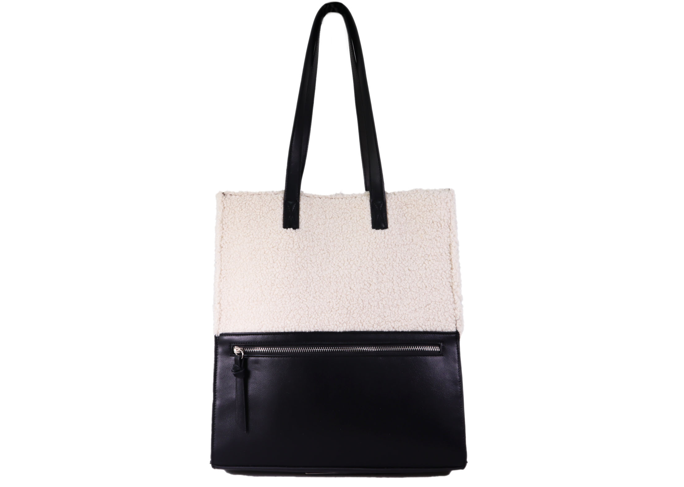 Black PU with beige teddy fur tote