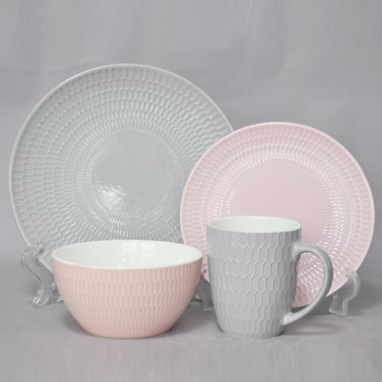 Round color glaze embossed ceramic bowls and dishes set, ceramic plates, color matching hotel ceramic cups and bowls