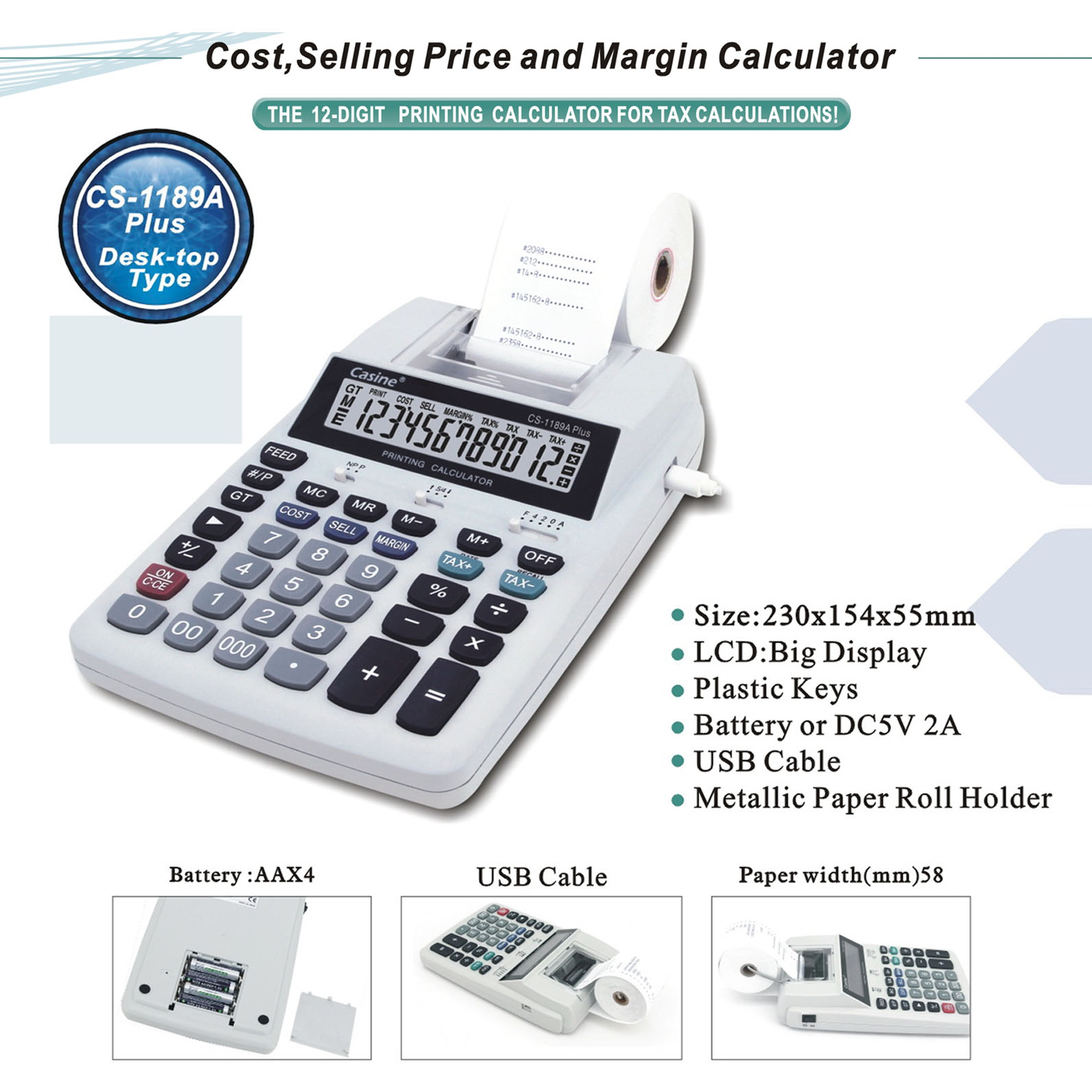 CS-1189A plus- 12-digit printing calculator (calculator with printer)-Casine