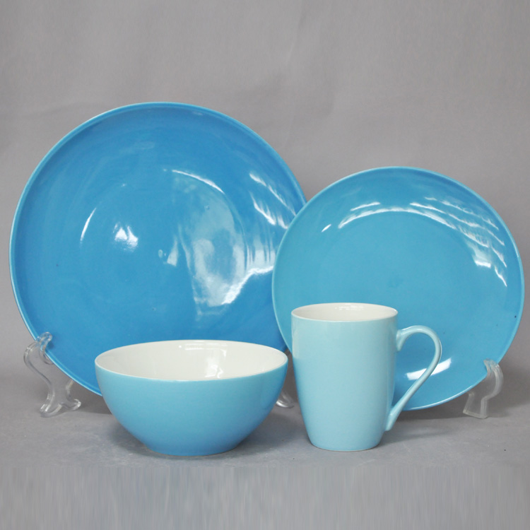 Yellow-green-blue ceramic cup salad bowl steak plate color glaze 4-piece hotel supplies wholesale western tableware set
