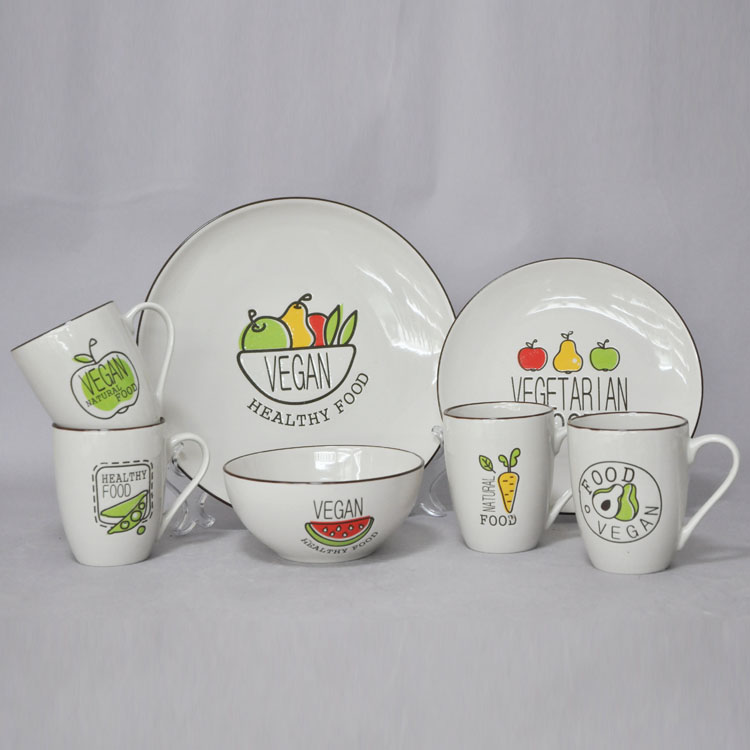 Ceramic fruit and vegetable series Western-style set, 4-piece porcelain tableware set, steak plate, salad bowl, mug
