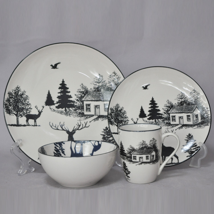 Tableware Ceramic Plate Bowl Cup Chinese Ink Style Ceramic Bowl Plate Set Ceramic Cup Stroke 4-piece Cutlery Set