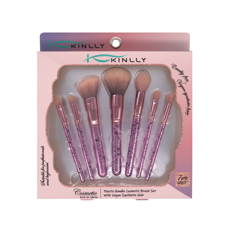 7PCS Plastic Handle Cosmetic Brush Set With Vegan Synthetic Hair,Paper Packaging Box