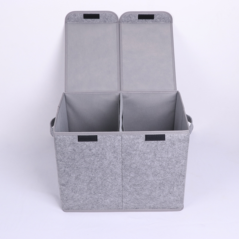 Foldable And 2 Compartment Felt Laundry Hamper Storage Basket With Lid