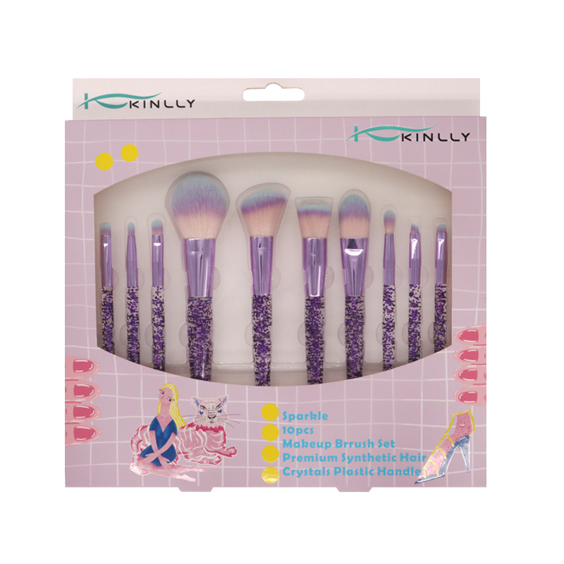 10 pcs Crystals Clear Plastic Handle Makeup Brush Set With Premium Synthetic Hair