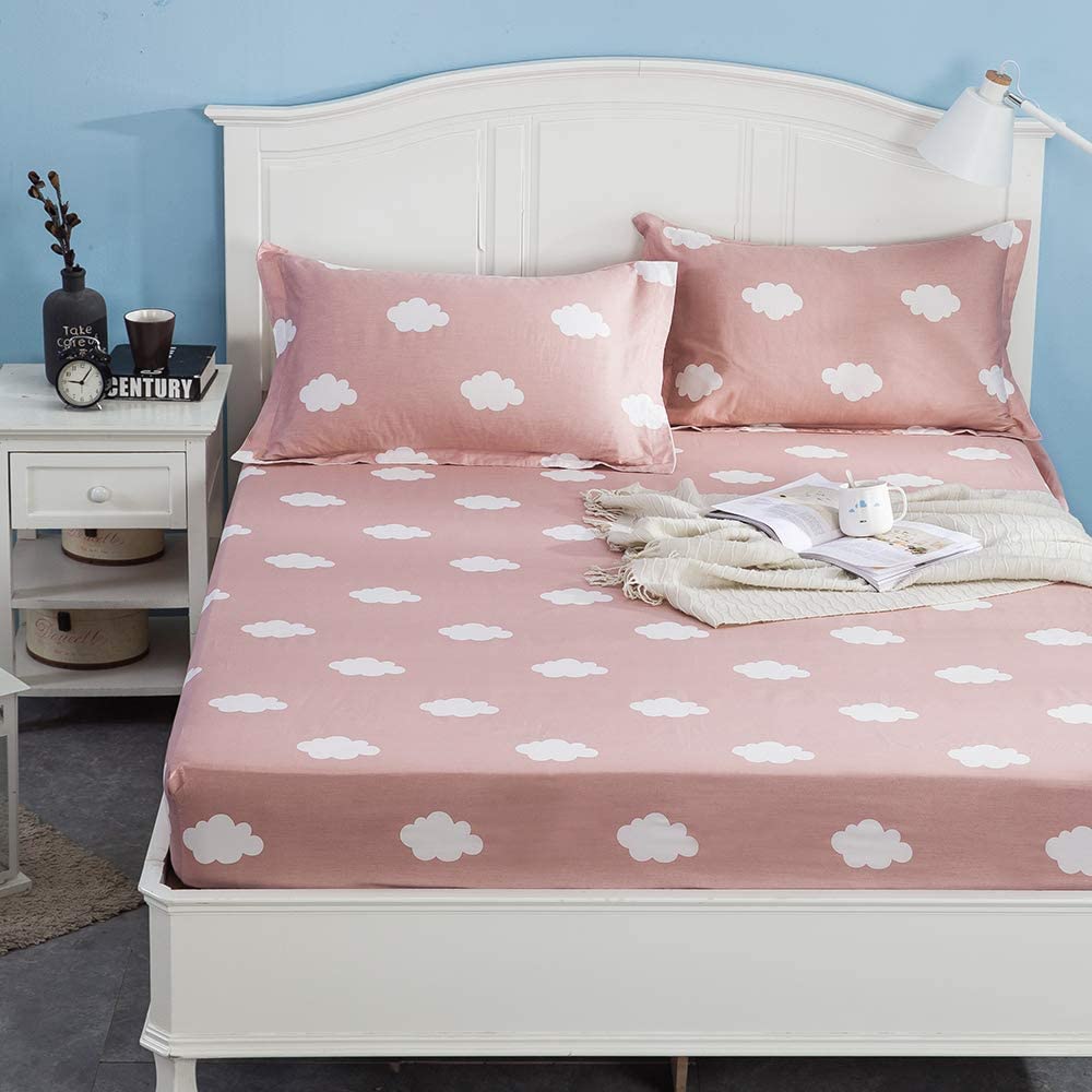 Printted kids pink fitted sheet set 3pcs breathable comfortable100% polyester