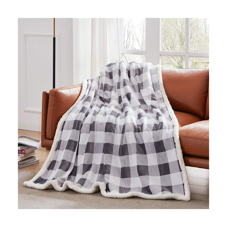 Soft& Lightweight plaid flannel with sherpa 2 ply throw blanket