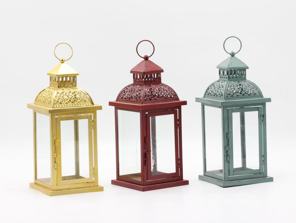 Colorful metal lantern with glass panel, antique finish