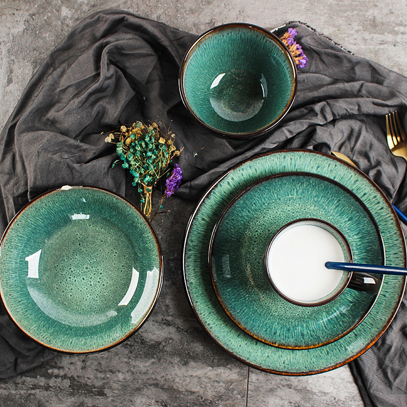 Nordic green Reactive Ceramic Dinnerware Sets for Tableware