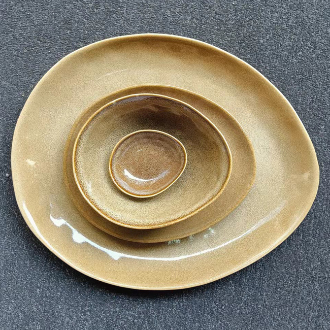 New style glossy reactive glaze brown yellow dinnerware sets