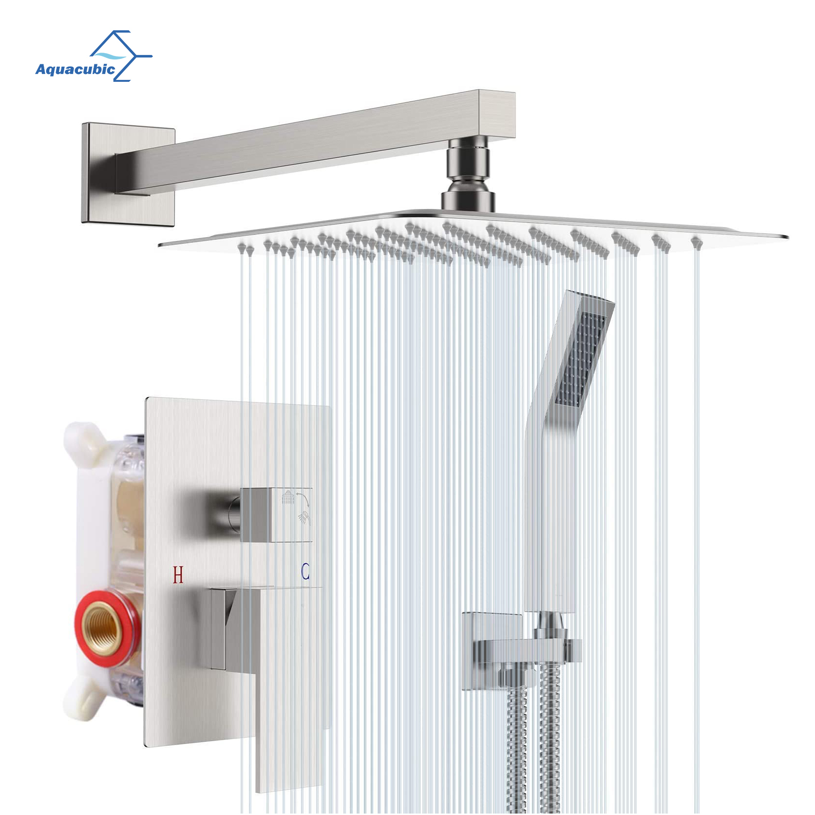 Bathroom Single Lever brushed nickel Bath Thermostatic Diverter Square Concealed Shower Faucet Mixer