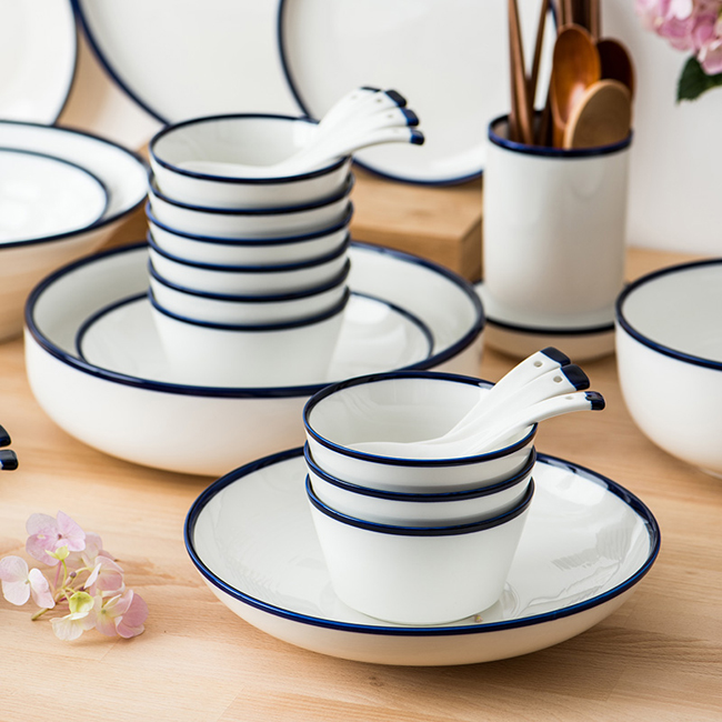Blue egdes hand printing bone china dinnerware set