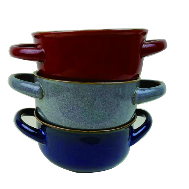 6 inch three color ceramics bowl with 2 handles