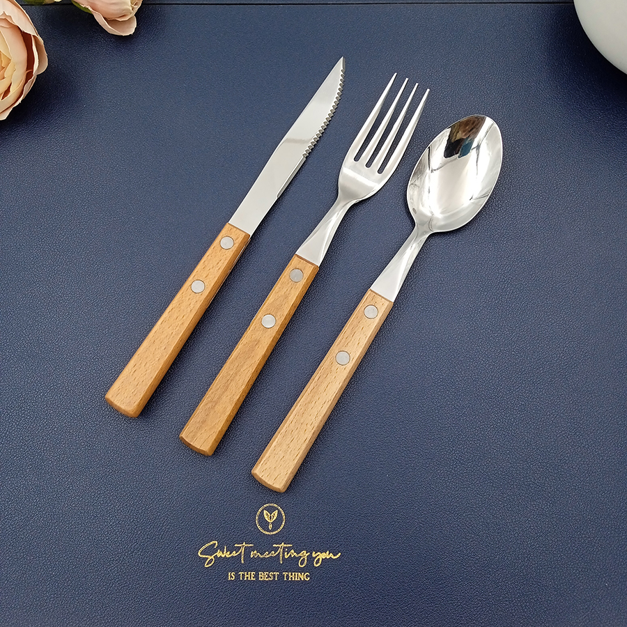 24 pieces stainless steel flatware set with wooden handle