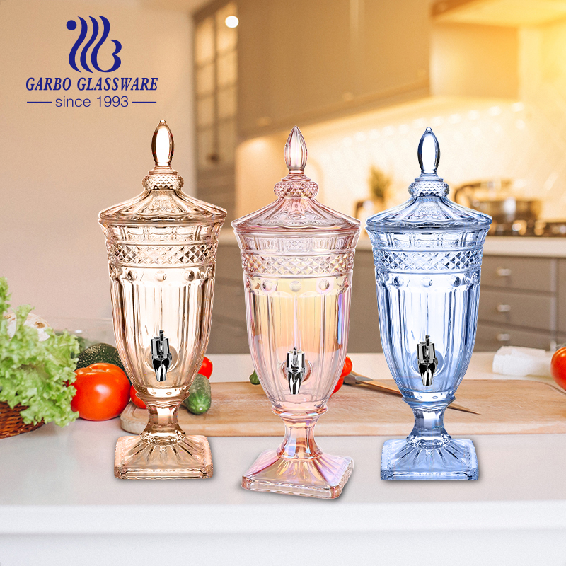 Ion plating blue glass beverage juice drinking dispenser with plastic tap for hotel