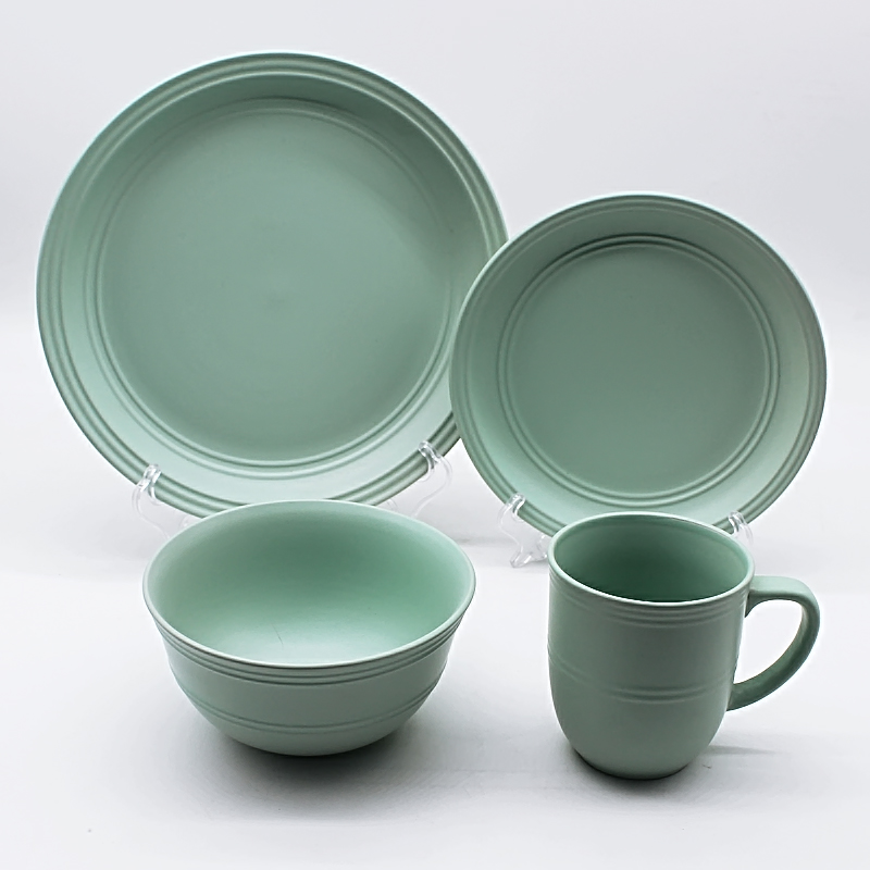 16pcs green stoneware dinnerware set with embossed
