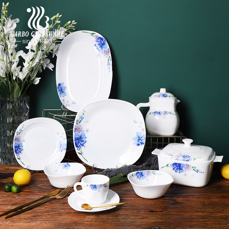 Home tableware 36pcs round white opal glass dinner set with OEM decor