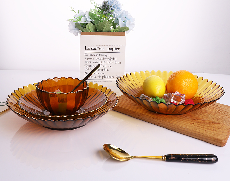 Amber solid color lotus shape glass fruit deep plate