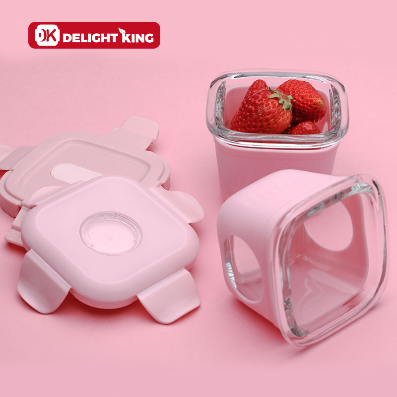 Oven safe silicone sleeve plastic lid baby product set Mini glass storage box baby food container