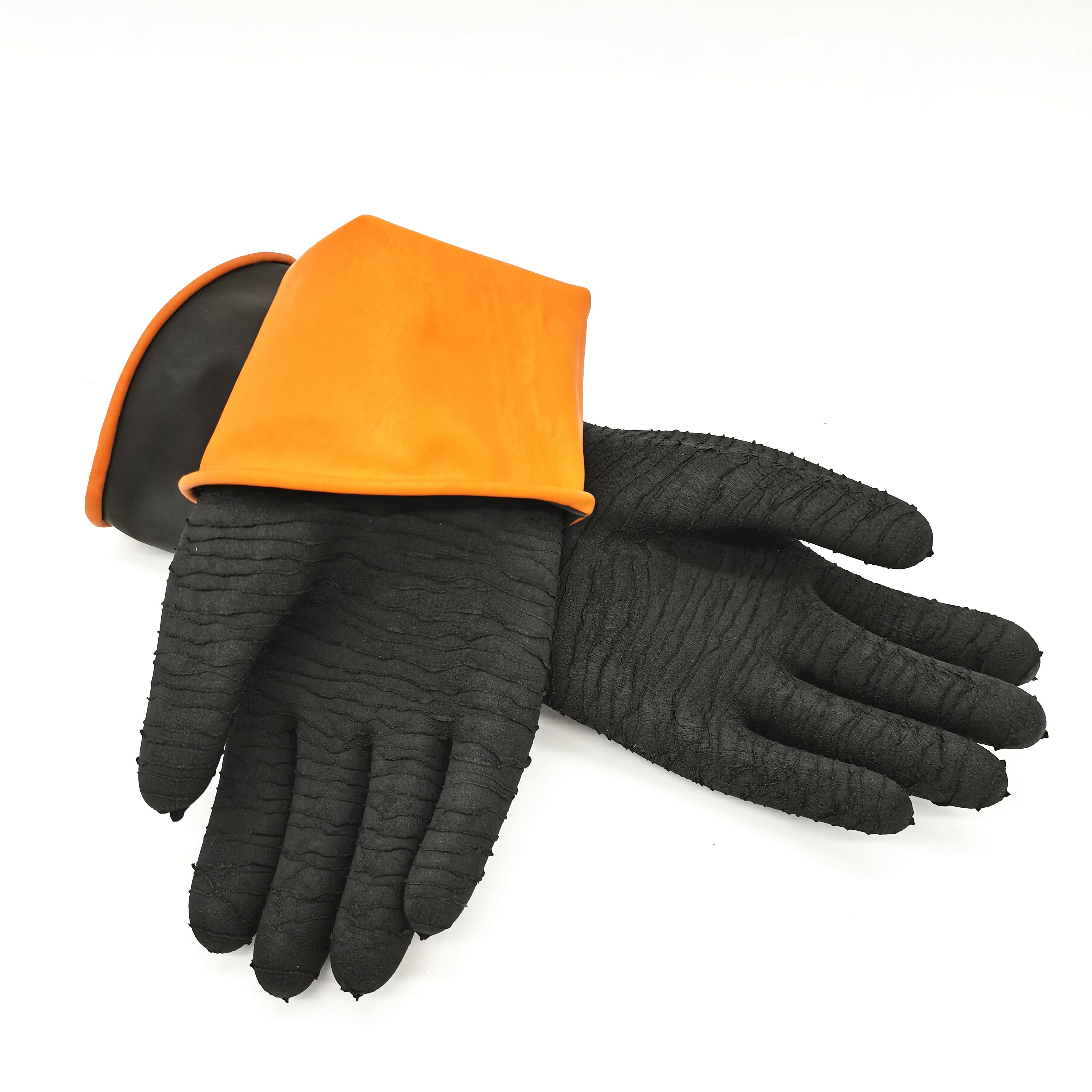 14" Crinkle Palm Black Chemical Resistance Heavy Duty Work Industrial Rubber Glove EN388 certified