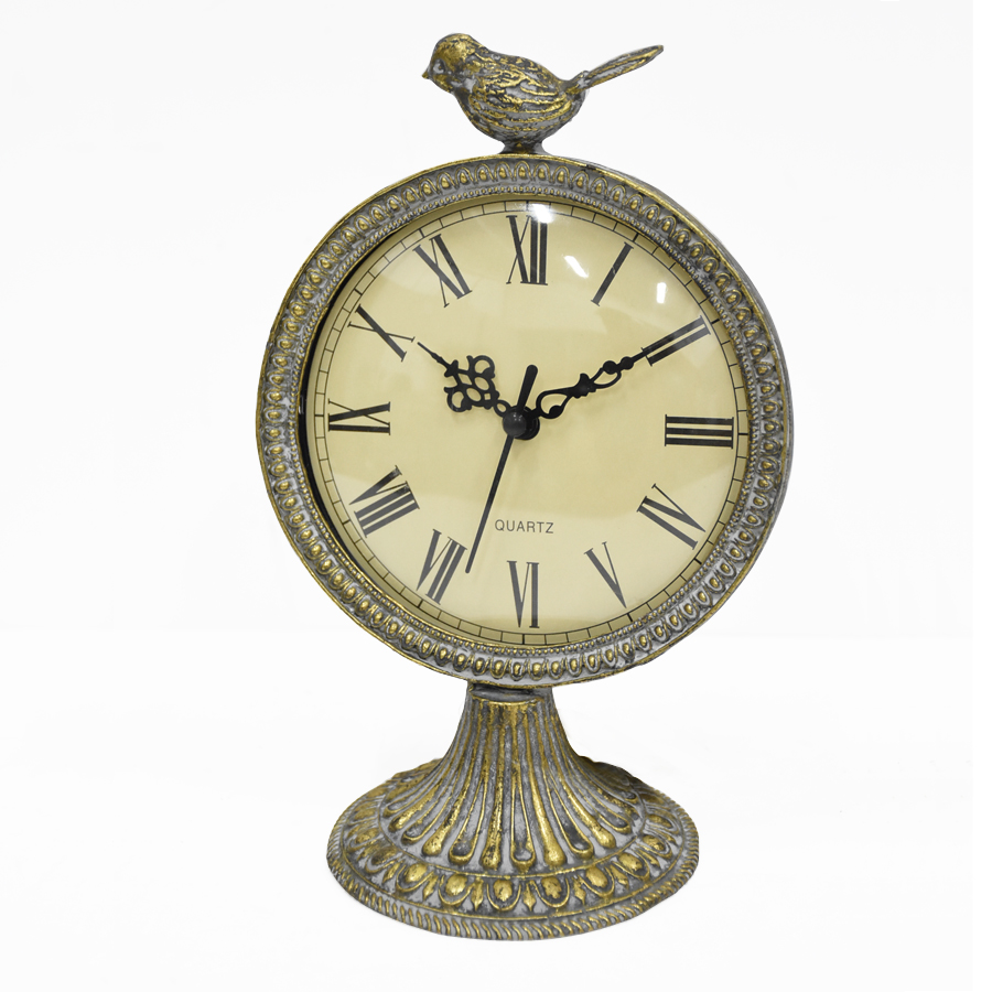 Vintage Mantle Table Clock, Antique French Golden Decorative Pewter Battery Operated Desk Clock for Living Room Bathroom Shelf