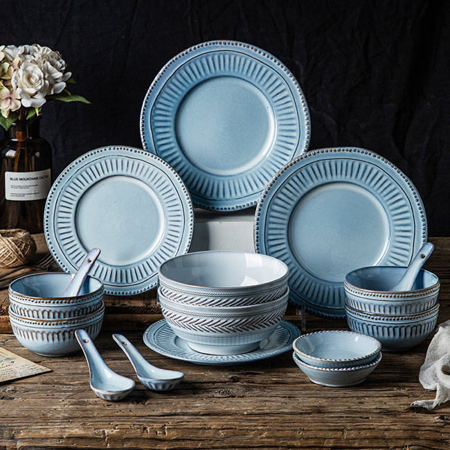 Grey and blue embossed hand-painted glazed porcelain tableware