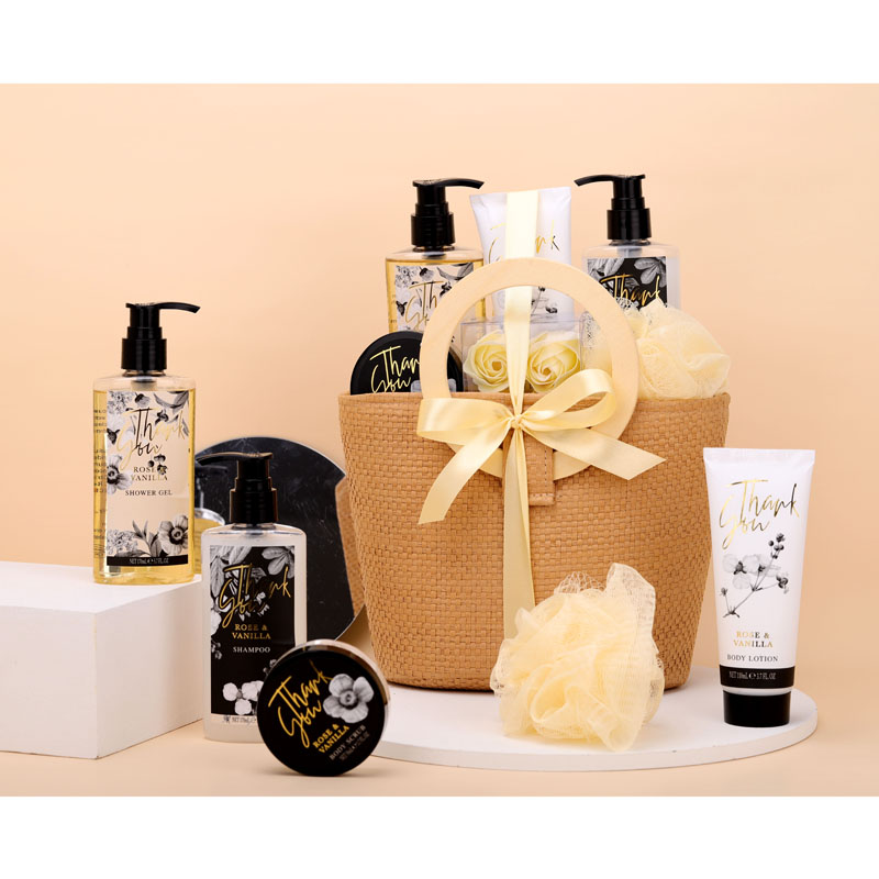Luxury bathroom spa gift shower gel body lotion shampoo srub soap flower tote bag set