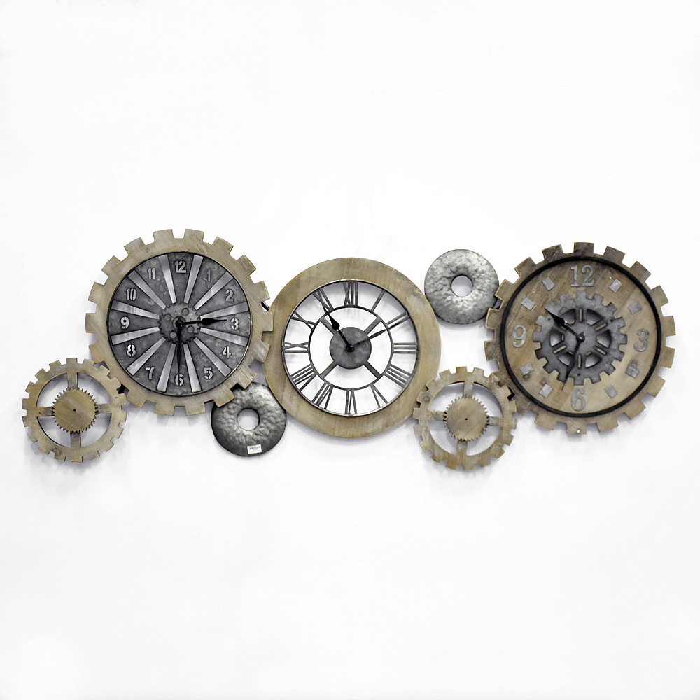 Luckywind Large Industrial Style Hand Painted Aged Metallic Finish Wood Metal Multi Cogwheel Gallery Wall Art Clock