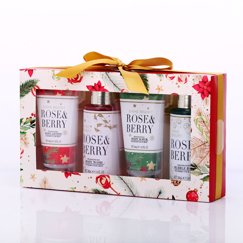 Private Label custom Christmas 4 piece set shower gel bubble bath body lotion scrub gift set